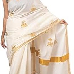 Women's Kerala Kasavu Onam Special Cotton Saree With Rich Pallu and Running Blouse Piece (Saree 5.5 meter, Blouse 0.8 meter)(elephant design)-image-129
