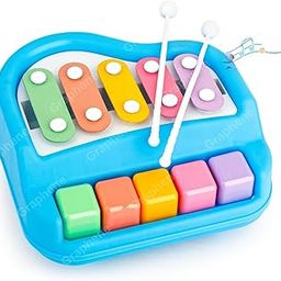 GRAPHENE 2 in 1 Xylophone Musical Toy Mini Piano with 5 Colourful Keys Drum Sticks Keyboard Non Battery Preschool Learning Instruments Gift Toys for Baby Kids Toddlers Multicolor-11