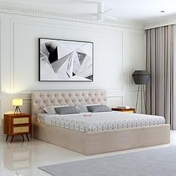 Ganpati Arts Sheesham Wood Upholstered King Size Bed with Box Storage and Tufted Headboard | Durable Wooden Double Bed Cot Palang for Bedroom, Hotels, and Home Furniture (Beige-1 Year Warranty)-image-13