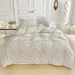 Rvciby Linen Flower Duvet Cover Twin Size,2PCS Soft Microfiber Bedding Set,Boho Textured Geometric Pattern Duvet Cover with Corner Ties & Zipper Closure (66"x90"-1 Duvet Cover,1 Pillow Cases)-picture-9