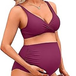 High Waisted Maternity Swimsuit Bikini Set V Neck Pregnancy Bathing Suits Push Up Two Piece Swimwear, #1c Dark Red, L-image-61