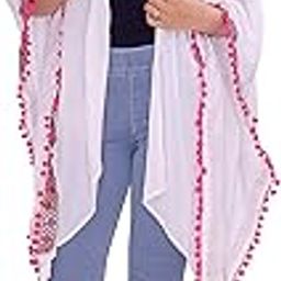 Womens Rayon Solid Coverup (Freesize) with Lace and Poms White-image-12