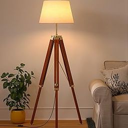 Wooden Tripod Floor Lamp Standing Brown Polished Brass Antique Adjustable 5Ft Height 16 Inches Off White Lampshade - Led-28