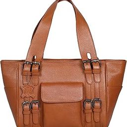 Genuine Leather Tote Women Handbag with Buckle Details, Tan Brown, Front Pocket Design-image-58