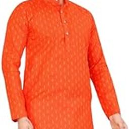 Men's Bright Orange Printed Cotton Kurta – Ethnic with Golden Motifs, Straight Fit, Full Sleeves-image-65
