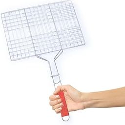 Portable Barbecue BBQ Grill Net Basket Roast Grilling Tray Plated with Wooden Handle ss utensils (45.5 x 24 x 2 cm) (Pack of 1pc)-40