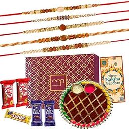 Maalpani Rakhi Set of 5 - Chocolates and Pooja Thali - Rakhi Gift Set-image-14