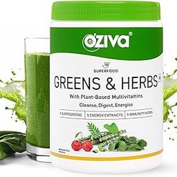 OZiva Superfood Greens & Herbs for Acne Control, Skin Health & Digestion | Daily Greens and 35+ Superfoods, Herbs, Chlorella & Moringa, 200 g-1