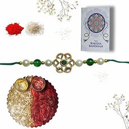Traditional Pearl Rakhi Gift Set for Brother with Resin Pooja Thali,Roli Chawal,& Designer Greeting Card | Handcrafted Green Beads Rakhi for Raksha Bandhan | Gift For Brother-image-65