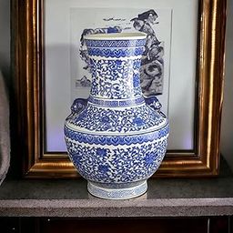 15" Classic Blue and White Floral Porcelain Vase, Double Lion Head Ears Ceramic China Ming Style-image-1