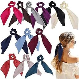 SOLDRIGHT 12 Pieces Hair Scrunchies Bowknot Satin Chiffon Long Tail Elastics Ribbon Ear Bow Ponytail Holder for Women Girls (MULTICOLOR)-image-28