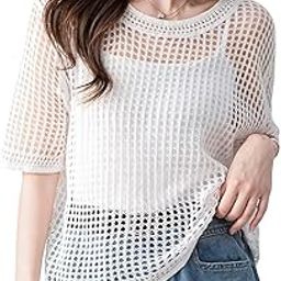 Women Summer Short Sleeve Crochet Sheer Knit Sweater Top Beach Cover Up Hollow Out Sexy See Through T-Shirts-image-10