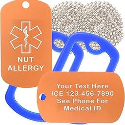 Nut Allergy Medical Alert ID Necklace with Silencer and 30'' USA Ball Chain - 154 Color Choices - Design Your Own-image-26