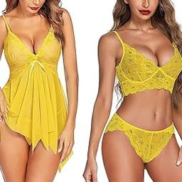 Combo Offer! Women Babydoll Nightwear Lace Bra Panty Lingerie Set Pack of 2-image-1