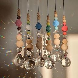 Mannikin Crystal Prism Suncatcher Set of 6 Wooden Beaded Glass Art Swarovski Hanging Crystal Sun Catcher Prism Ball for Christmas Tree Decoration and Car Pendants Suncatcher Cristal Midi Color-image-3