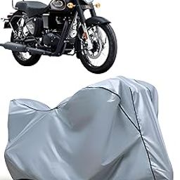RiderRange™ Waterproof Silver with Multi Color Piping Bullet Body Cover Compatible with RE Classic 350 |Scratchless | Dust and Heat Protection | Elastic Bottom | 5-Thread Interlock-image-2