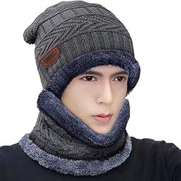 Woolen Winter Cap for Men with Neck Muffler Warn Soft for Snow | Knit Beanie Cap Hat & Neck Warmer Scarf Set for Men (2 Piece Set) (Grey)-image-56