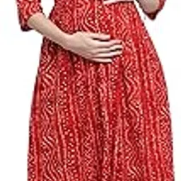 henal Women's Rayon Maternity Dress Pregnancy Casual Long Sleeve Dual Zipped for Feeding Nursing Maternity Comfort Dress Kurti - Red-picture-5
