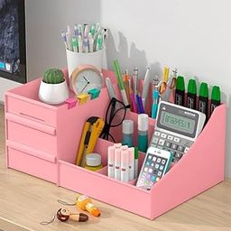 GROFFY Desk Organiser with Drawer, Multifunctional Desk Organizer, Office Organizer, 7 Compartments with 2 Drawer, Storage Shelf for Office,Stationary Oragnizers for Desk School (2 DRAWER DARK PINK)-image-7