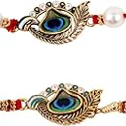 Peacock Design Bhaiya Bhabhi Rakhi Set with Pearl Beads, Red Thread, Gold-Toned-89