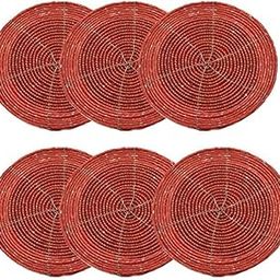 Shining Pearl Glass Beaded Hand Made 4 inches Round Red Coaster Set of 6-image-7