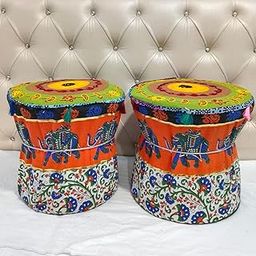 POSHMANDALA Rajsthani Style White Background with Multi Color Flower Leaf Design Pouf Mudda Cover Size 18X17 Inch-image-16