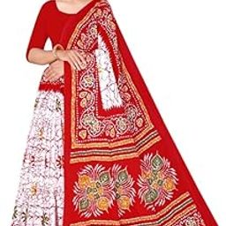 Traditional Batik Print Cotton Saree, Red and White, Floral Design with Red Golden Border-image-55