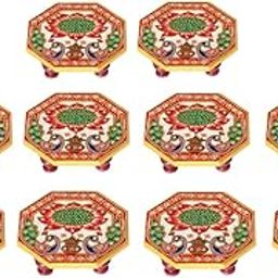 Handicrafts Paradise Marble Octagonal Puja Chowki Painted with Peacock Design-Set of 10 Pieces-18