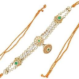 Sweksha Creations Traditional Gold Plated Pearl Kundan Studded Meenakari Sheeshphool Matha Patti/Sheeshpatti/Maangtikka with Borla Women's (Pack of 1, Green)-34