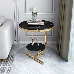 2 Tier Round Coffee Table Nightstand Bedside Telephone Table with Storage, End Table Sofa Side Corner Table for Living Room Bedroom Small Spaces (Golden and Black)-21