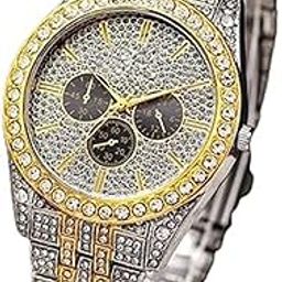 Luxury Two-Tone Crystal-Studded Chronograph Watch, Men's Fashion Wristwatch with Diamond Look, Silver and Gold-image-98