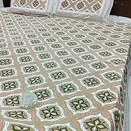 Cotton Double Bedsheet Set, Super King Size 108x108 inches, Geometric Print, 2 Pillow Covers, Pink and Olive-image-2