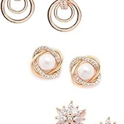Combo of 3 Rose Gold Cubic Zirconia & Pearls Brass Stud & Drop Earring For Women-ZPFK10858-5