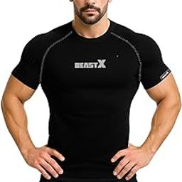 BeastX CoreShield Half Compression T-Shirt for Men – 4-Way Lycra, Supersuit Bicep Fit, Black-image-52
