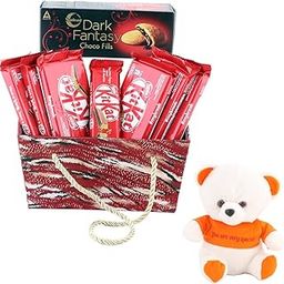 SFU E Com Nestle Kitkat & Dark Fantasy Choco Fills Combo Gift Hamper | Valentine Love Teddy Bear With Chocolate Combo | Valentine Chocolate Hamper | 1043-12