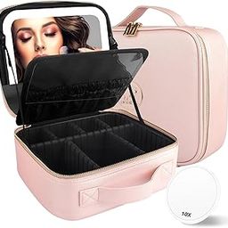 MOMIRA Travel Makeup Bag Cosmetic Bag Makeup Organizer Bag with Large Lighted Mirror 3 Color Scenarios Adjustable Brightness, Waterproof Makeup Travel Case, Large Makeup Train Case Toiletry Gift, Phosphor, Detachable Makeup Case-image-5
