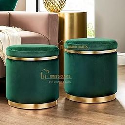 DECORO CRAFTS Puffy Ottoman Stools and Footstools in Velvet for Sitting and Room Décor Round Ottoman Stool for Living Room furnishings Set of 2-Green-image-61