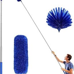 2 in 1 Long Handle Microfiber Feather Duster with Extension Pole 30-100 Inch with Anti Scratch Bendable Head for Cleaning High Cobweb Stick high Ceiling Fan Mop (Blue)-25
