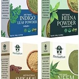 HERBAHUE Herbal Powder Combo – Indigo & Henna Powder for Hair, Shikakai & Neem Powder for Face | 100g Each (Pack of 4) | Natural Hair Coloring, Acne Control & Deep Cleansing | 400g Total-image-67