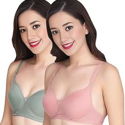 Women Everyday Non Padded Bra (Pack of 2) - Made of Pure Cotton Full Coverage Non Wired Soft Cup for T-Shirt Saree Dress Sports Garment for Daily Use Everyday Green, Pink-image-1