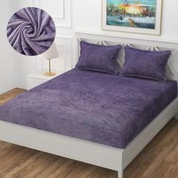 OSONIC Velvet Warm Winter Solid Flannel Elastic Fitted Bedsheets for Double Bed King Size 72X78 Inches with 2 Pillow Covers 210 GSM|Double Bed Warm Bedsheet with Elastic-Fitted (Purple)-picture-28