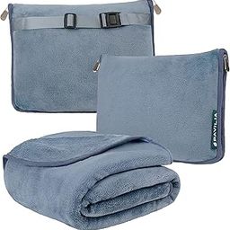 PAVILIA Fleece Travel Blanket Pillow | Large Portable Airplane Blanket with Luggage Strap | 2-in-1 Foldable Blanket for Travel, Use as Blanket for Car, Flight, Work, Camping (Dusty Blue)-15