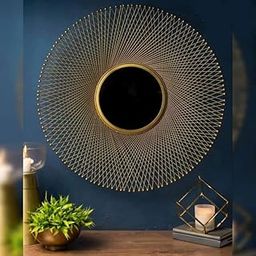 Metalmastery Stainless Steel Golden Finished Decorative Iron Mirror Knitted Glass Leaf Design Wall Mount Hanging Decorative Mirror Sculpture Wall Mirror For Living Room Dining Hall - Round-5