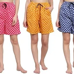 cierge Women's Jaipuri Cotton Printed Shorts (Pack of 3; Pink, Yellow, Blue)-picture-36