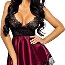 Women’s Solid Babydoll Lingerie Set Satin Fabric Nightie Night Gown Role Play Floral Mini Dress for Wedding Honeymoon Bridal Sleepwear with Eye Mask Maroon-picture-52