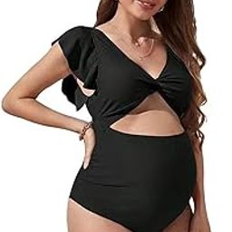 Ruffle Ribbed Maternity Swimsuit One Piece High Waisted Pregnancy Bathing Suits Push Up Swimwear-image-12