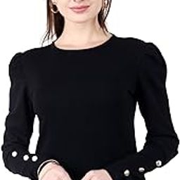 Casual Solid Puff Button Long Sleeves Slim Fit Tops for Women || Summer Round Neck Tops for Women || Stylish Western Top for Jeans for Women Black-8