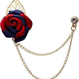 Red and Blue Rose with Gold Leaf and Hanging Chain Brooch Lapel Pin Suit Collar Accessories Brooch for Men-image-88