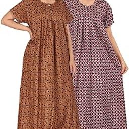 Women Cotton Nighty Combo (Pack of 2 Pcs) Nighty Gown Floor Length Round Neck Short Sleeves Jaipuri Maxi Gown Free Size, Assorted-image-51