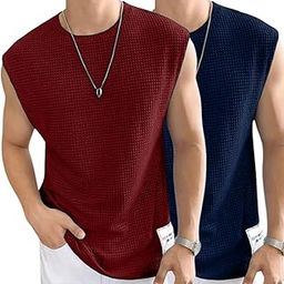 Mens Waffle Tank Tops, Sleeveless Round Neck, Polycotton Vest for Gym and Running, Pack of 2-image-98